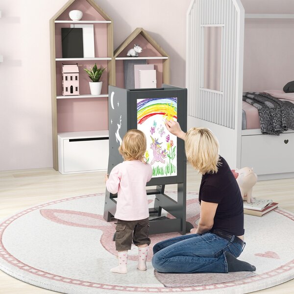 Costway Torre per bambini con 3 penne lavagna bianca e nera piattaforma e gradino regolabili, Sgabello per bambini porta 70kg Grigio