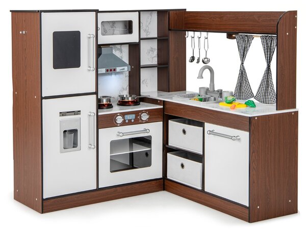 Costway Cucina giocattolo angolare con luci e suoni realistici sistema di circolazione dell'acqua, Cucina per bambini Marrone