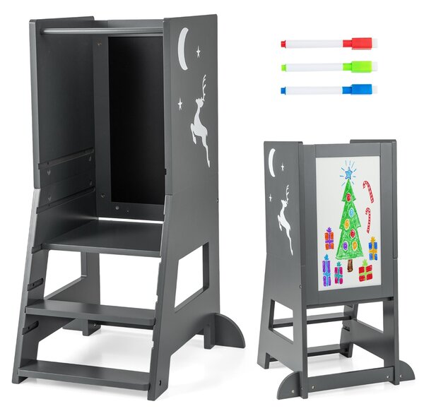 Costway Torre per bambini con 3 penne lavagna bianca e nera piattaforma e gradino regolabili, Sgabello per bambini porta 70kg Grigio