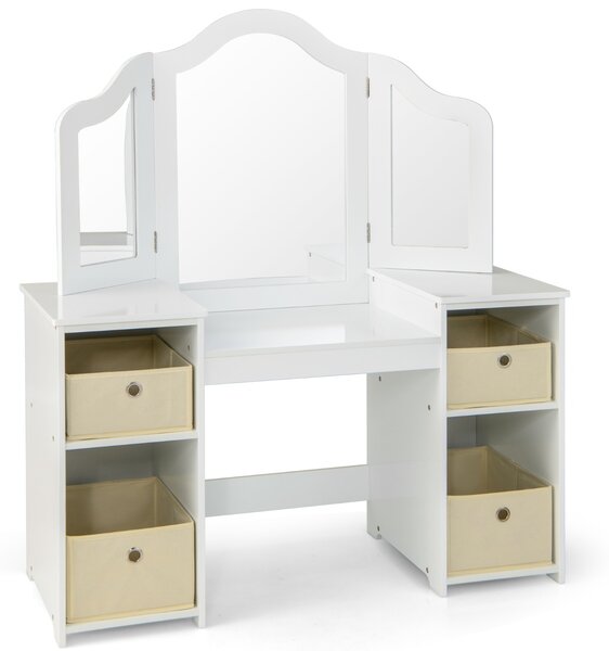 Costway Set toeletta per bambini con specchio a 3 ante rimovibile e 4 cassetti in tessuto, Mobile da trucco per bambini Bianco