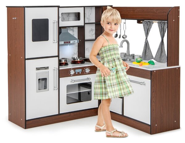 Costway Cucina giocattolo angolare con luci e suoni realistici sistema di circolazione dell'acqua, Cucina per bambini Marrone