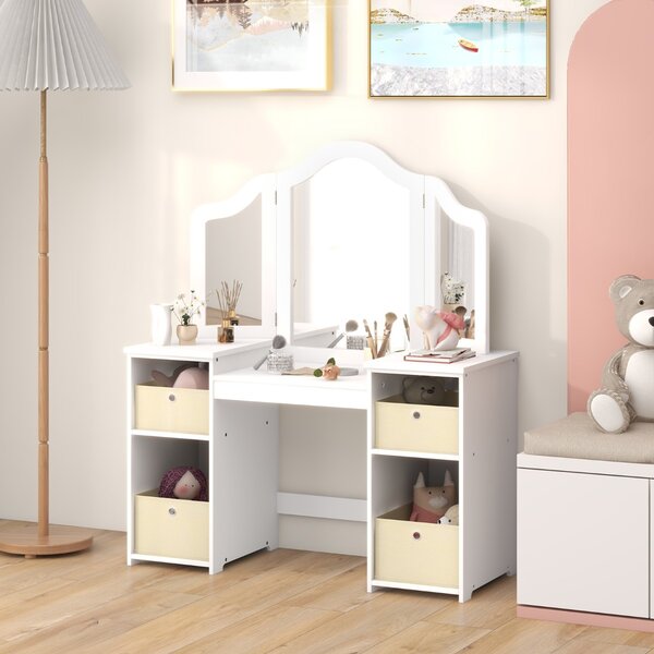 Costway Set toeletta per bambini con specchio a 3 ante rimovibile e 4 cassetti in tessuto, Mobile da trucco per bambini Bianco