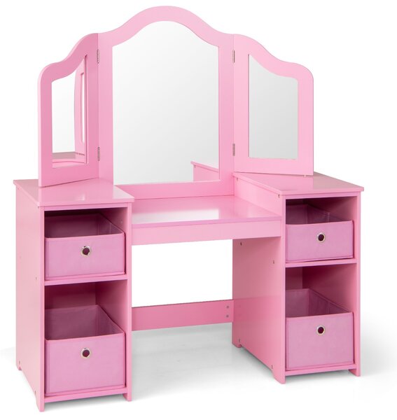 Costway Set toeletta per bambini con specchio a 3 ante rimovibile e 4 cassetti in tessuto, Mobile da trucco per bambini Rosa
