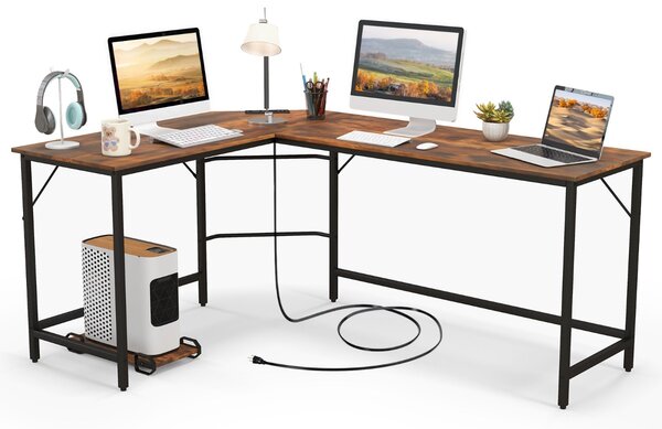 Costway Scrivania ad angolo a L con presa di corrente, Scrivania per computer da 168cm con supporto CPU e telaio in metallo Marrone
