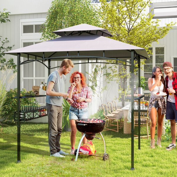 Costway Gazebo barbecue con 2 ripiani laterali cestino ganci appendiutensili, Tendone da esterno per barbecue 242x153cm Grigio
