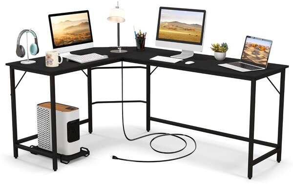 Costway Scrivania ad angolo a L con presa di corrente, Scrivania per computer da 168cm con supporto CPU e telaio in metallo Nero