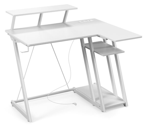 Costway Scrivania da gioco con prese e porte USB, Scrivania per computer piccola con ripiano per monitor gancio per cuffie Bianco