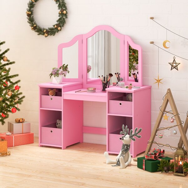 Costway Set toeletta per bambini con specchio a 3 ante rimovibile e 4 cassetti in tessuto, Mobile da trucco per bambini Rosa