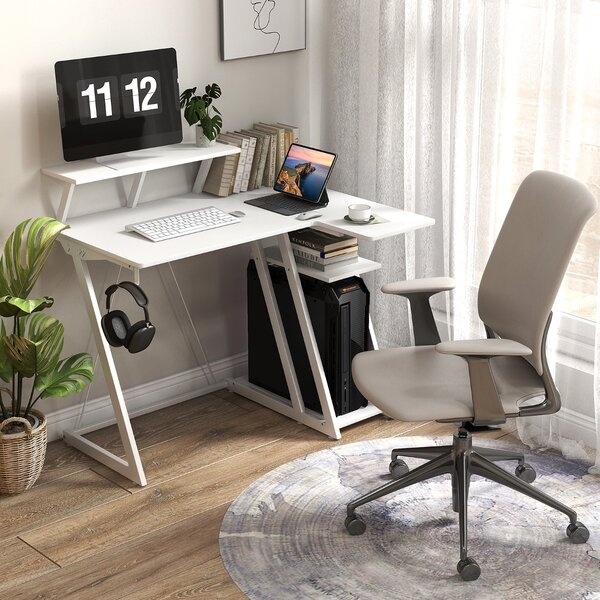 Costway Scrivania da gioco con prese e porte USB, Scrivania per computer piccola con ripiano per monitor gancio per cuffie Bianco