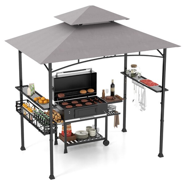 Costway Gazebo barbecue con 2 ripiani laterali cestino ganci appendiutensili, Tendone da esterno per barbecue 242x153cm Grigio