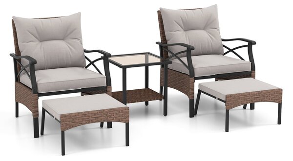 Costway Set di 5 mobili da giardino in rattan, Sedie da esterno con poggiapiedi cuscini e tavolino in vetro temperato Marrone