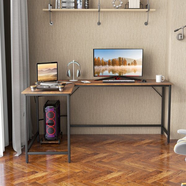 Costway Scrivania ad angolo a L con presa di corrente, Scrivania per computer da 168cm con supporto CPU e telaio in metallo Marrone