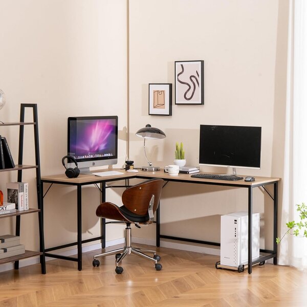 Costway Scrivania ad angolo a L con presa di corrente, Scrivania per computer da 168cm con supporto CPU e telaio in metallo Naturale