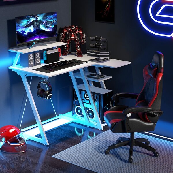 Costway Scrivania da gioco con prese e porte USB, Scrivania per computer piccola con ripiano per monitor gancio per cuffie Bianco