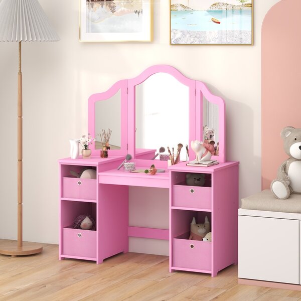 Costway Set toeletta per bambini con specchio a 3 ante rimovibile e 4 cassetti in tessuto, Mobile da trucco per bambini Rosa