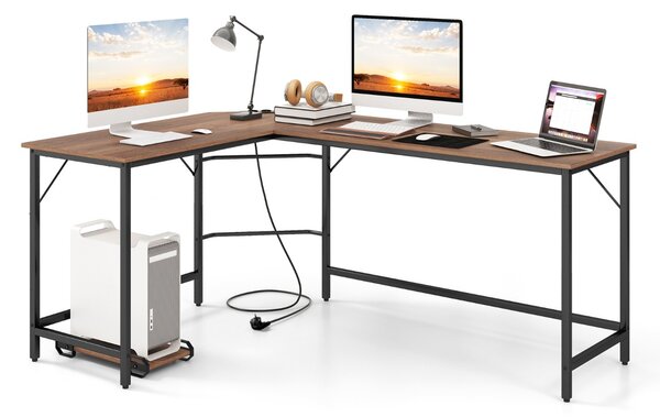 Costway Scrivania ad angolo a L con presa di corrente, Scrivania per computer da 168cm con supporto CPU e telaio in metallo Naturale