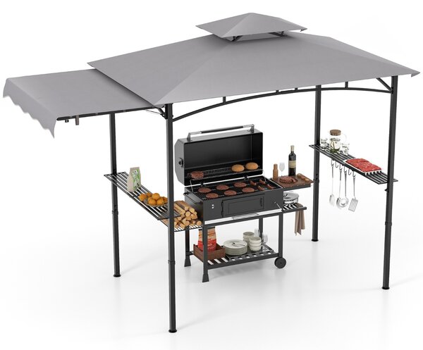 Costway Gazebo per barbecue 250 x 203cm con tendalino laterale tetto a 2 livelli 2 ripiani laterali, Rifugio per barbecue Grigio