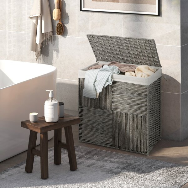 Costway Cesto per il bucato da 110L con coperchio, Cesto per il bucato intrecciato a mano in rattan con comode maniglie Grigio