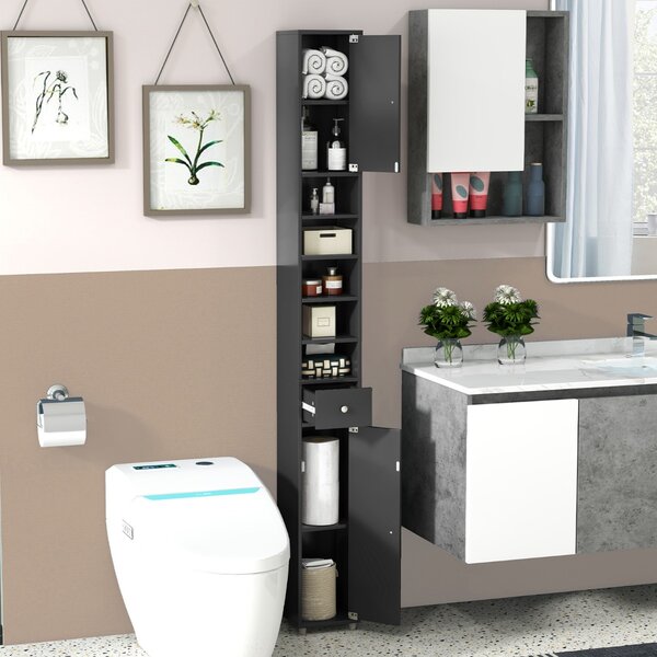 Costway Mobile colonna da bagno con 2 ante 1 cassetto e 5 ripiani regolabili, Colonna bagno da terra salvaspazio Nero