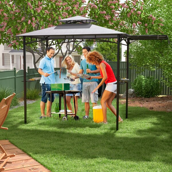Costway Gazebo per barbecue 250 x 203cm con tendalino laterale tetto a 2 livelli 2 ripiani laterali, Rifugio per barbecue Grigio