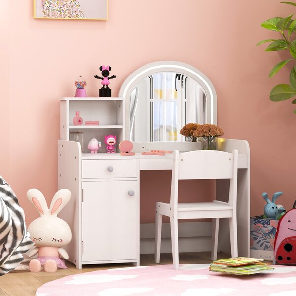 Costway Set tavolo da trucco per bambini con sedia mensole cassetto e anta, Toeletta da trucco in legno con luci LED Bianco