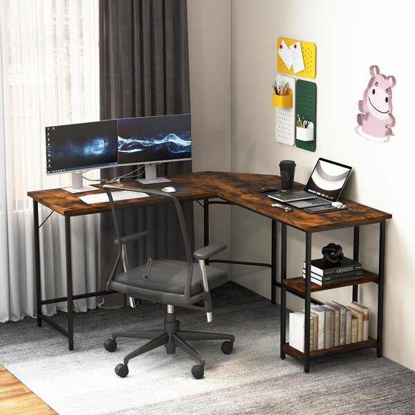 Costway Scrivania per computer a L forma da 138cm, Scrivania da ufficio angolar con telaio in acciaio ripiano rimovibile Marrone