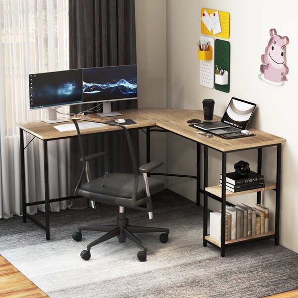 Costway Scrivania per computer a L forma da 138cm, Scrivania da ufficio angolar con telaio in acciaio ripiano rimovibile Naturale