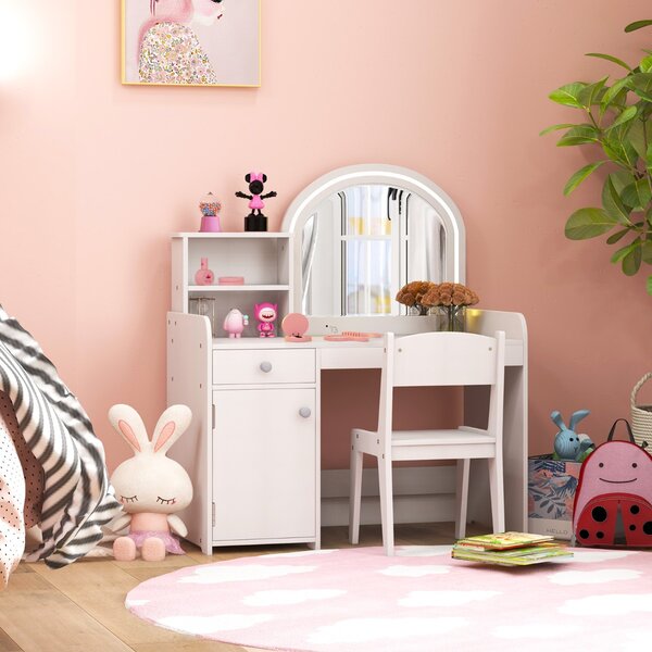 Costway Set tavolo da trucco per bambini con sedia mensole cassetto e anta, Toeletta da trucco in legno con luci LED Bianco