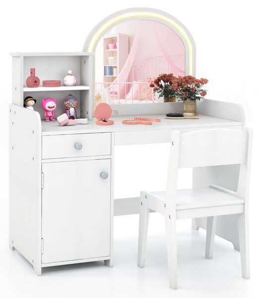 Costway Set tavolo da trucco per bambini con sedia mensole cassetto e anta, Toeletta da trucco in legno con luci LED Bianco