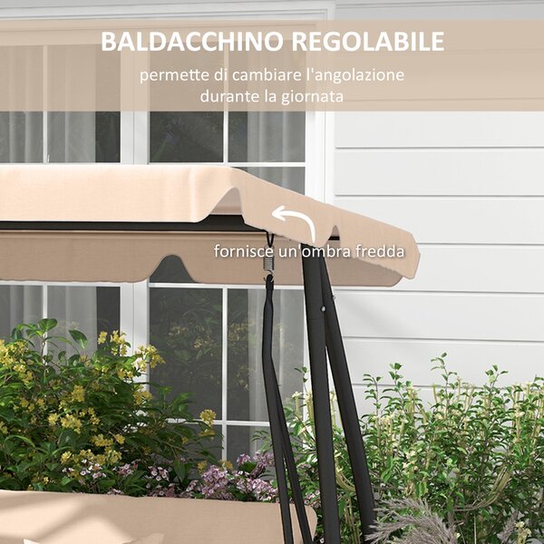 Outsunny Dondolo Letto da Giardino 3 Posti con Portabicchieri, Cuscini e Tetto Regolabile, 200x120x164 cm, Marrone Chiaro | Aosom Italy