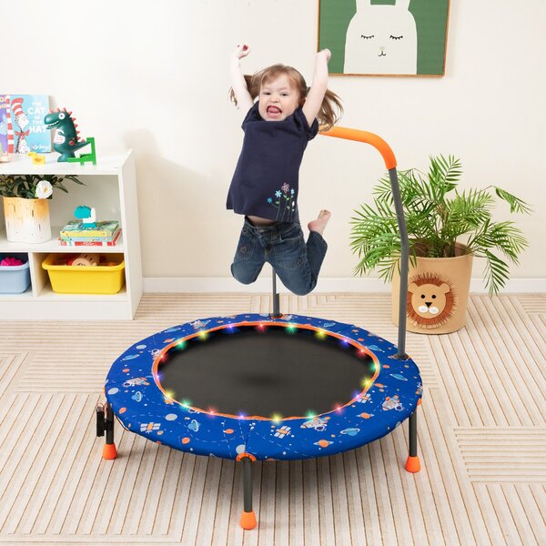 Costway Trampolino per bambini da 92 cm con luci led tappeto rotondo per saltare, Mini trampolino per bambini 3-6 anni Blu