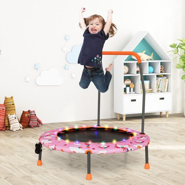 Costway Trampolino per bambini da 92 cm con luci led tappeto rotondo per saltare, Mini trampolino per bambini 3-6 anni Rosa