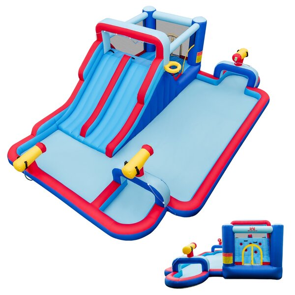Costway Parco acquatico gonfiabile con scivolo d'acqua, Grande casa rimbalzante con doppio scivolo lungo area arrampicata