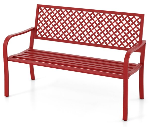 Costway Panchina da giardino per 2 persone con schienale traforato e seduta a doghe, Sedia in metallo lunga 127cm Rosso