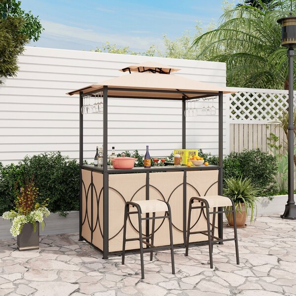 Costway Set bar da patio a 3 pezzi con tavolo in vetro temperato ripiani in metallo, Gazebo per griglia e 2 sgabelli Marrone
