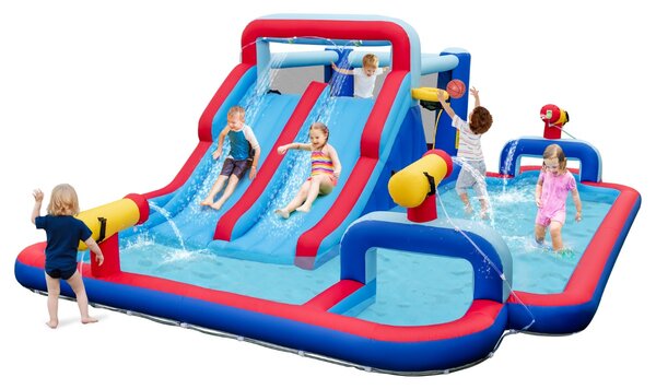 Costway Parco acquatico gonfiabile con scivolo d'acqua, Grande casa rimbalzante con doppio scivolo lungo area arrampicata