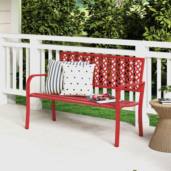 Costway Panchina da giardino per 2 persone con schienale traforato e seduta a doghe, Sedia in metallo lunga 127cm Rosso