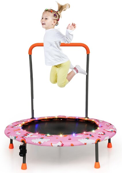Costway Trampolino per bambini da 92 cm con luci led tappeto rotondo per saltare, Mini trampolino per bambini 3-6 anni Rosa