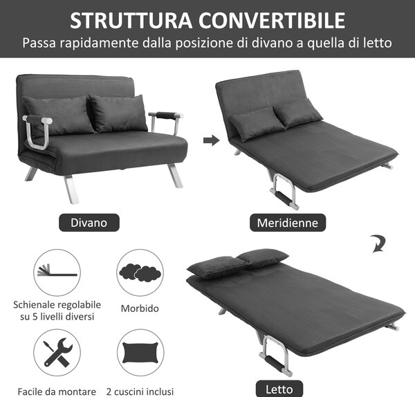 HOMCOM Divano Letto Singolo in Similpelle e Acciaio con Seduta Regolabile in 5 Posizioni, 105x80x78 cm, Grigio|Aosom