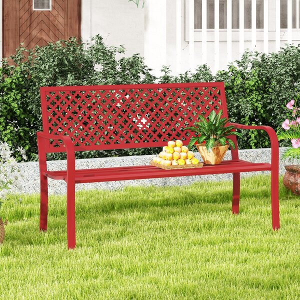 Costway Panchina da giardino per 2 persone con schienale traforato e seduta a doghe, Sedia in metallo lunga 127cm Rosso
