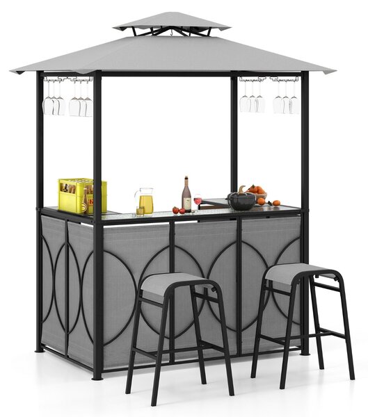 Costway Set bar da patio a 3 pezzi con tavolo in vetro temperato ripiani in metallo, Gazebo per griglia e 2 sgabelli Grigio