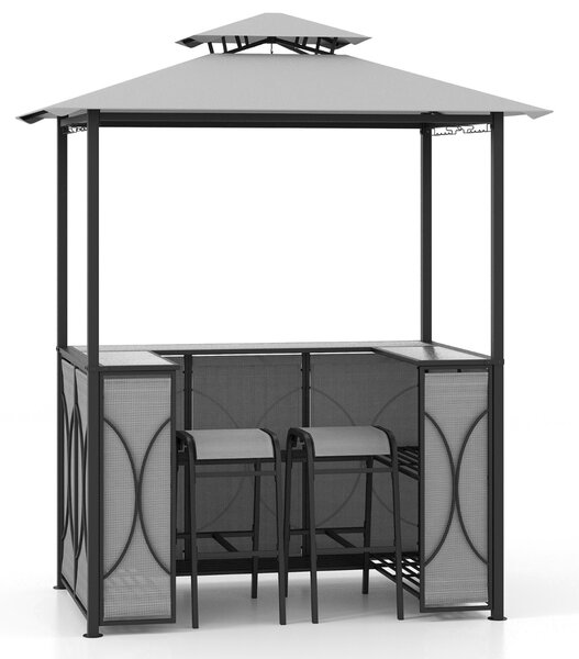 Costway Set bar da patio a 3 pezzi con tavolo in vetro temperato ripiani in metallo, Gazebo per griglia e 2 sgabelli Grigio