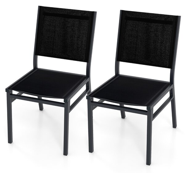 Costway Set di 2 Sedie da pranzo per esterni con seduta e schienale traspiranti telaio in alluminio, Sedie da patio Nero