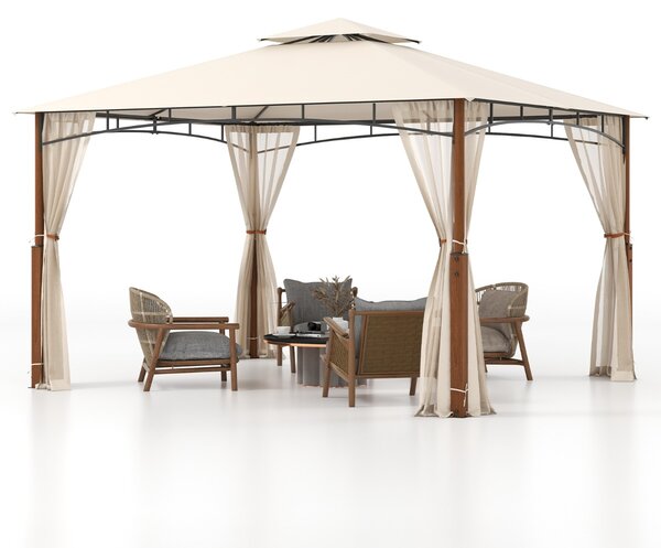 Costway Gazebo da esterno 3,6x3m con reti tetto a doppio strato telaio metallico, Rifugio solare impermeabile per patio Beige
