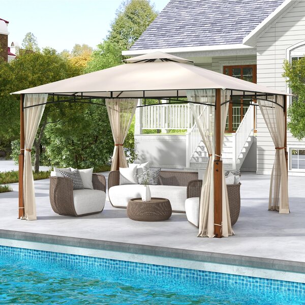 Costway Gazebo da esterno 3,6x3m con reti tetto a doppio strato telaio metallico, Rifugio solare impermeabile per patio Beige