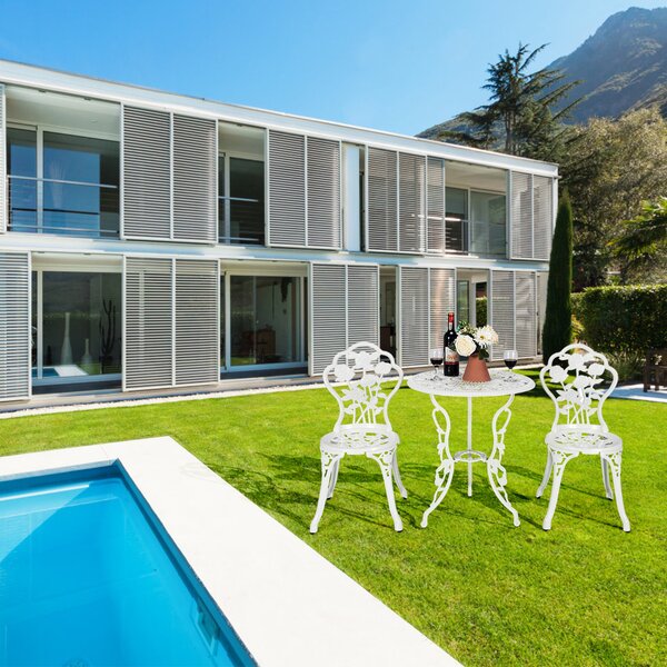 Costway Set 3 pezzi da esterno in ghisa e alluminio, Tavolo con foro per ombrellone e 2 sedie da giardino Bianco