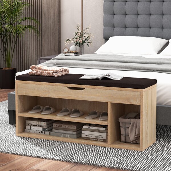 Costway Scarpiera in legno con cuscino morbido e cassetto due ripiani 104x30x48cm Naturale
