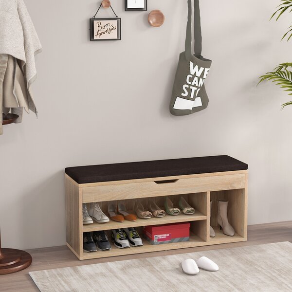 Costway Scarpiera in legno con cuscino morbido e cassetto due ripiani 104x30x48cm Naturale