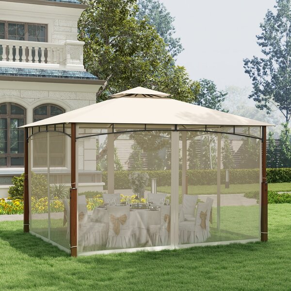 Costway Gazebo da esterno 3,6x3m con reti tetto a doppio strato telaio metallico, Rifugio solare impermeabile per patio Beige