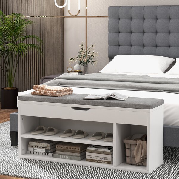 Costway Scarpiera in legno con cuscino morbido e cassetto due ripiani 104x30x48cm Grigio